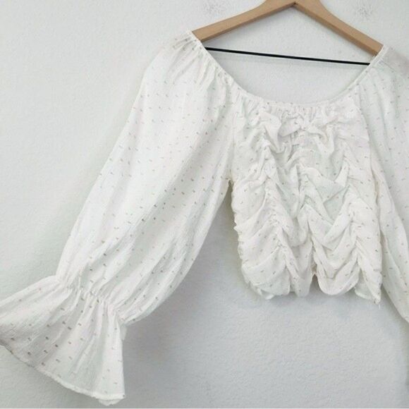 New! ZARA Bohemian Peasant Balloon Sleeve Swiss Dot Ruched Cropped Blouse Top - Picture 3 of 9